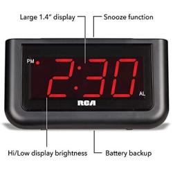 RCA Digital Alarm Clock - Large 1.4'' LED Display with Brightness Control and Repeating Snooze, AC Powered – Compact, Reliable, Easy to Use Black