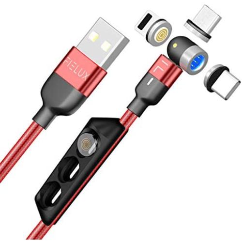 FIELUX Quick 360°+180° Rotation Magnetic Charging Cable Compatible with Micro, Type-C Charging Port Smartphones and i-Product Devices 3 in 1 (3.3 ft, Red)