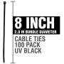 Cambridge ZipIts Cable Ties 8-in 40 Lb Standard Duty Self Locking UV Resistant Black Zip Ties, 100 Pack, UL Listed, Contractor Quality and Strength