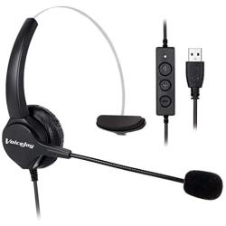 VoiceJoy USB Plug Corded Headphone Call Center Comfort Noise Cancelling Headset with Adjustable Mic, Mute Volume Control for Calls on Laptops PCs Computers
