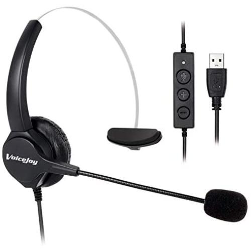 VoiceJoy USB Plug Corded Headphone Call Center Comfort Noise Cancelling Headset with Adjustable Mic, Mute Volume Control for Calls on Laptops PCs Computers
