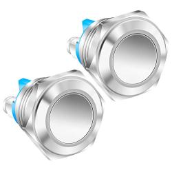 DaierTek 2pcs 16mm Round Momentary Push Button Switch Waterproof Chrome Metal 1NO SPST DC/AC Screw Terminals Flat Button for Doorbell Handlebar