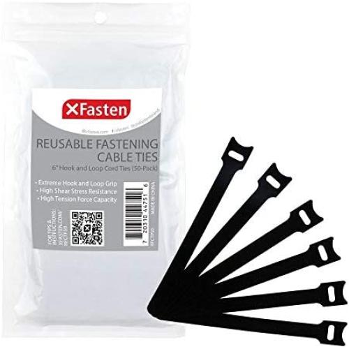 X Fasten Reusable Cable Management Ties - 6 Inches Hook and Loop Fastening Zip Cord Ties Straps (50-Pack), Adjustable Hook and Loop Fastener Cable Strap, Black