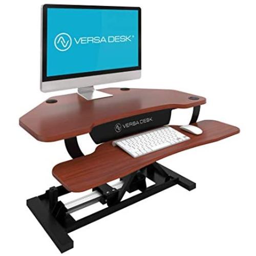 VersaDesk USA Manufactured | Power Pro Corner - 36'' Electric Height-Adjustable Standing Desk Riser | Sit to Stand Desktop with Keyboard and Mouse Tray + USB Charging Port - Cherry