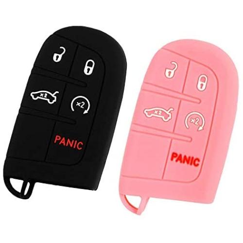 EXUNTECH 2Pcs 5 Buttons Silicone Smart Key Fob Skin Cover Case Protector Keyless Jacket Remote Holder for Jeep Grand Cherokee Dodge Challenger Charger Dart Durango Journey Chrysler 300,Black Pink