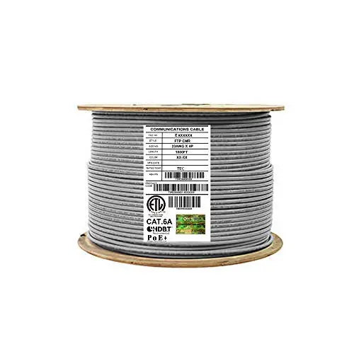 CAT6A Shielded Riser (CMR), 1000ft, F/UTP 23AWG, Solid Bare Copper, 650MHz, 10Gb, UL Certified, UL-LP Certification, Bulk Ethernet Cable Reel in Gray