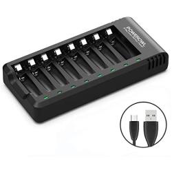 POWEROWL 8 Bay AA AAA Battery Charger, USB High-Speed Charging, Independent Slot, for Ni-MH Ni-CD Rechargeable Batteries, No Adapter