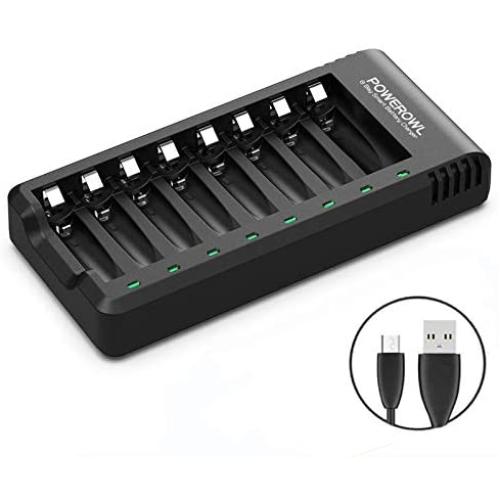 POWEROWL 8 Bay AA AAA Battery Charger, USB High-Speed Charging, Independent Slot, for Ni-MH Ni-CD Rechargeable Batteries, No Adapter