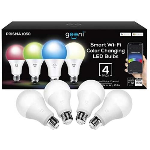 Geeni Prisma 1050 Lumens A21 Wi-Fi Multicolor Light Bulbs (2700K), 4-Pack – Dimmable LED Bulbs, 75-Watt Equivalent – No Hub Required – Works with Amazon Alexa, The Google Assistant