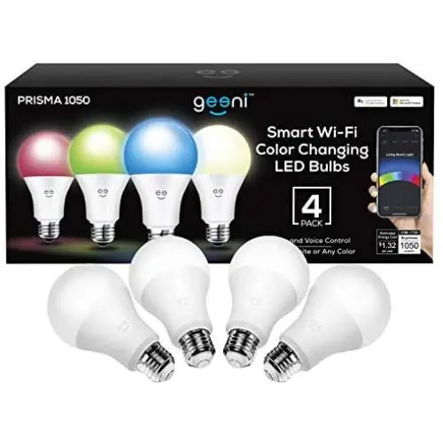 Geeni Prisma 1050 Lumens A21 Wi-Fi Multicolor Light Bulbs (2700K), 4-Pack – Dimmable LED Bulbs, 75-Watt Equivalent – No Hub Required – Works with Amazon Alexa, The Google Assistant