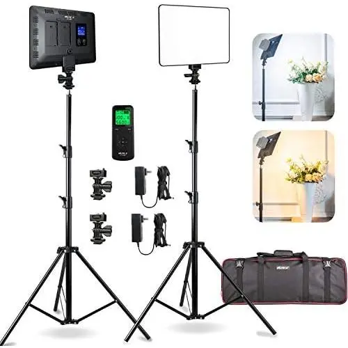 2 Packs LED Video Photography Lighting Kit, Panel Studio Lights with Stand, VL-200T Bi-Color Dimmable Photo Lighting for YouTube Video Shooting, Wireless Remote, AC Adapter, Carry Bag (Included)
