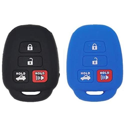 LemSa 2pcs Silicone 4 Button Smart Key Fob Cover Remote Keyless Entry Bag Compatible with Toyota Camry Avalon Corolla RAV4 Highlander Venza HYQ12BDM, Black Blue