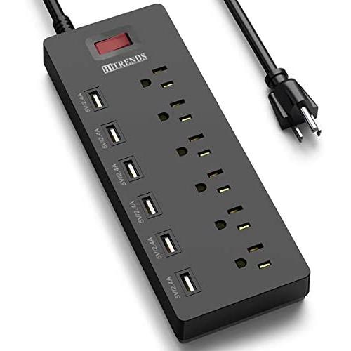 Power Strip, HITRENDS Surge Protector with 6 AC Outlets & 6 USB Charging Ports, 6 Feet Heavy Duty Extension Cord, 1625W/13A Multiplug for Home Office & Multiple USB Devices - Black