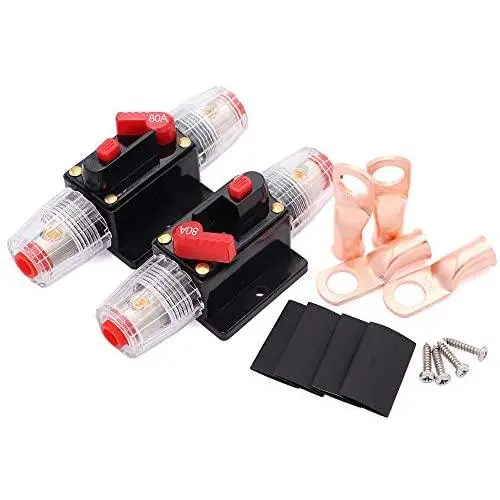 2 Pack Inline 80amp Circuit Breaker with Manual Reset Fuse Holder for Car Audio Marine Boat Stereo with Wire Lugs and Heat Shrink Tube