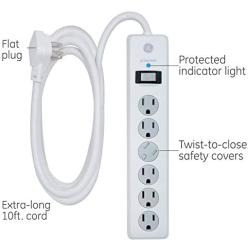 GE 6 Outlet Surge Protector, 10 Ft Extension Cord, Power Strip, 800 Joules, Flat Plug, Twist-to-Close Safety Covers, White, 14092