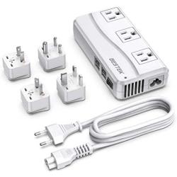 BESTEK Universal Travel Adapter 100-220V to 110V Voltage Converter 250W with 6A 4-Port USB Charging 3 AC Sockets and EU/UK/AU/US/India Worldwide Plug Adapter (White)