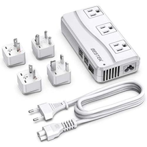 BESTEK Universal Travel Adapter 100-220V to 110V Voltage Converter 250W with 6A 4-Port USB Charging 3 AC Sockets and EU/UK/AU/US/India Worldwide Plug Adapter (White)