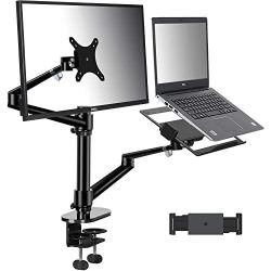 viozon Monitor and Laptop or Tablet Mount, 3-in-1 Adjustable Dual Arm Desk Stands Monitor Arm for 17-32 Computer Screens, Tablet Arm for 4-13 Tablet&Phone Extra Tray Fits 12-17 Laptop (OL-3T-BR)