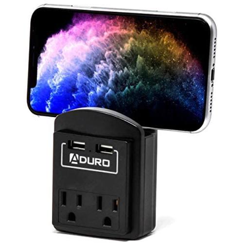 Aduro Surge Protector 2 Outlets Power Strip Station with 2 USB Ports Multiple Outlet Splitter Extender Adapter with Phone Shelf Stand ETL Listed, Black