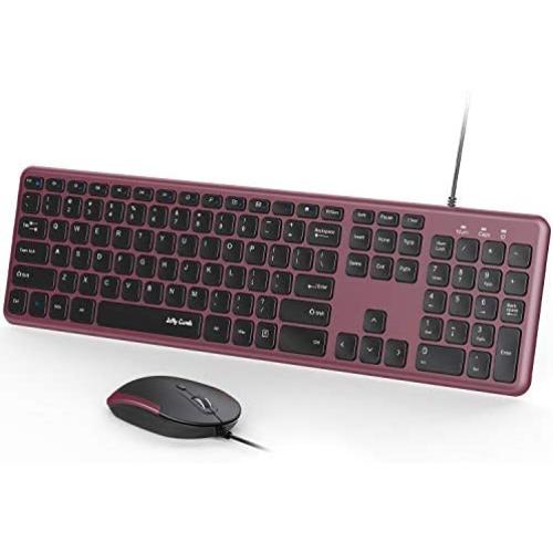 Wired Keyboard and Mouse, Jelly Comb Ultra Thin Full Size USB Wire Corded Keyboard Mouse Combo Set with Number Pad for Computer, Laptop, PC, Desktop, Notebook, Windows 7, 8, 10 (Wine Red)