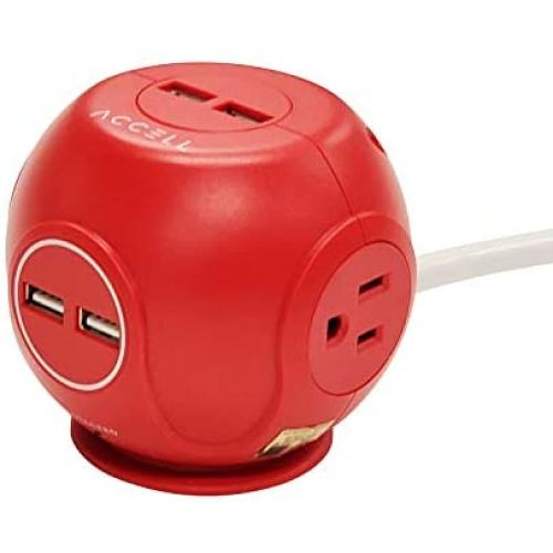 Accell Power Cutie - Compact Surge Protector with 3 Tamper Resistant 540J Surge Protected AC outlets and 4 USB-A Charging Ports, 4ft Cord, Red