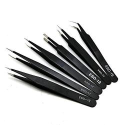 Precision Tweezers Set, 6 PCS Anti-Static Stainless Steel Tweezers Kit, Non-magnetic and Multi-standard Stainless Steel Tweezers for Lab, Electronics, Jewelry and Detailed Work
