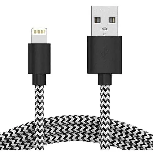 TalkWorks iPhone Charger Lightning Cable 6ft Long Braided Heavy Duty Cord MFI Certified for Apple iPhone 12, 12 Pro/Max, 12 Mini, 11, 11 Pro/Max, XR, XS/Max, X, 8, 7, 6, SE, iPad - Black/White