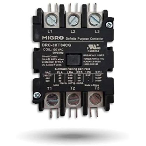 Migro 3 Pole, 40 Amps, 110/120 VAC Coil Heavy Duty AC Contactor Replaces Virtually All Residential 3 Pole Models