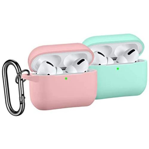 [2 Pack] SNBLK Designed for Airpods Pro Case Cover Silicone Protective Charging Case Skin with Keychain Compatible for Apple Airpods Pro 2019, (Front LED Visible) Pink/Mint Green