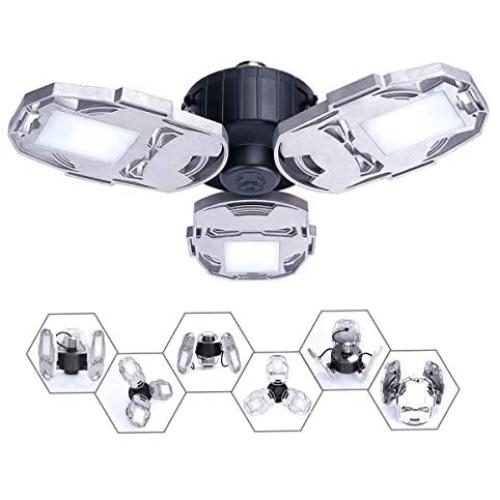 Aqonsie LED Garage Lights Bulb 6000LM Deformable Light 60W E26/E27 Ceiling lamp with 3 Adjustable Panels for Garage Workshop Warehouse Factory Supermarket Basement (Silver)