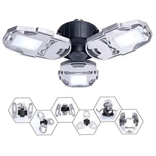 Aqonsie LED Garage Lights Bulb 6000LM Deformable Light 60W E26/E27 Ceiling lamp with 3 Adjustable Panels for Garage Workshop Warehouse Factory Supermarket Basement (Silver)