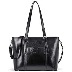 BOSTANTEN Women Leather Laptop Tote Office Shoulder Handbag Vintage Briefcase 15.6 inch Computer Work Purse Black