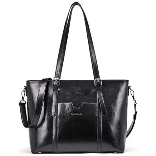 BOSTANTEN Women Leather Laptop Tote Office Shoulder Handbag Vintage Briefcase 15.6 inch Computer Work Purse Black