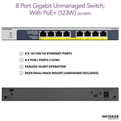NETGEAR 8-Port Gigabit Ethernet Unmanaged PoE Switch (GS108PP) - with 8 x PoE+ @ 123W Upgradeable, Desktop/Rackmount, and ProSAFE Limited Lifetime Protection