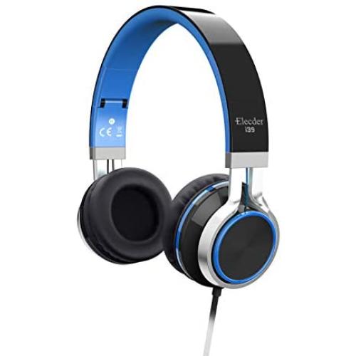 Elecder i39 Headphones with Microphone Foldable Lightweight Adjustable On Ear Headsets with 3.5mm Jack for Cellphones Computer MP3/4 Kindle School Blue/Black