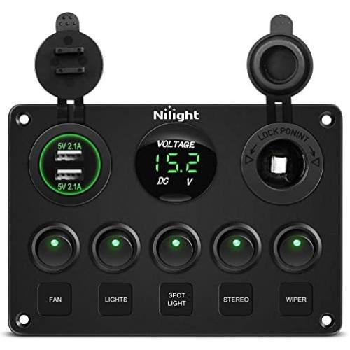 Nilight - 90125E 5 Gang Multi Function Rocker Switch Green Backlit Dual USB Charger + Digital Voltmeter +12V Outlet Pre-Wired Switch Panel with Inline Fuse for RVs Cars Boats Trucks Trailers