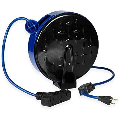 30Ft Retractable Extension Cord Reel with Breaker Switch & 3 Electrical Power Outlets - 16/3 SJTW Durable Blue Cable - Perfect for Hanging from Your Garage Ceiling