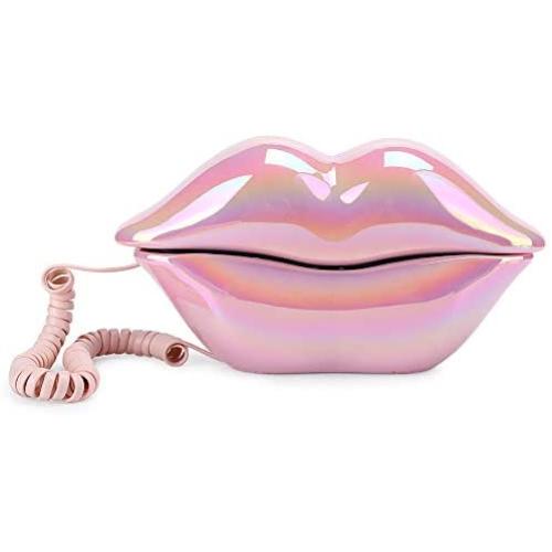 Lip Shape Electroplating Pink Telephone, Support Number Storage WX‑3016 Fashionable Landline Telephone, Home Desk Telephone Corded Phone for Birthday for Loved One, Friend (Pink)