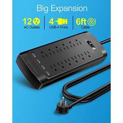 Surge Protector with USB (4360 Joules), Witeem 12 Outlets Power Strip and 4 USB Charging Ports (5V/3.4A), Flat Plug, 1875W/15A, 6 Feet Heavy Duty Extension Cord, ETL Listed, Black
