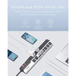 BESTEK 16-Outlet Power Strip Surge Protector with 15A 1875W 6 Feet Long Power Cords, 500Joules,Wide Spaced Multi Outlets Plugs Sockets Slanted for Entertainment Center and More