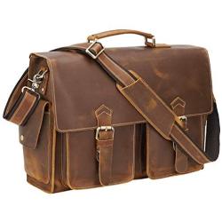 Polare 17'' Mens Full Grain Leather Laptop Briefcase Business Messenger Bag Satchel With YKK Metal Zippers