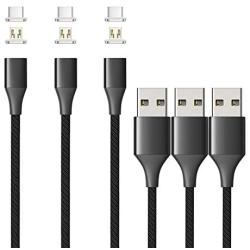 NetDot Gen10 3 in 1 Nylon Braided Magnetic Fast Charging Cable with Side Led Compatible with Micro USB & USB-C Smartphones and I-Product(5Ft/3 Pack Black)