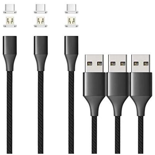 NetDot Gen10 3 in 1 Nylon Braided Magnetic Fast Charging Cable with Side Led Compatible with Micro USB & USB-C Smartphones and I-Product(5Ft/3 Pack Black)