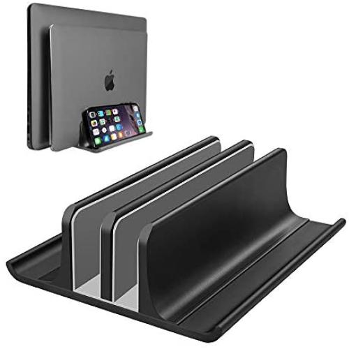 Double Adjustable Vertical Laptop Stand Newly Designed 2 Slots Aluminum Desktop Dual Holder for All MacBook/Chromebook/Surface/Dell/iPad Up to 17.3 Inches - Black