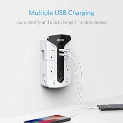 BESTEK 7-Outlet Wall Tap Surge Protector Power Strip with Swivel Outlets, 3 USB Charging Ports, 900 Joule Surge Suppression, Top Phone Holder