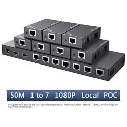 HDMI Extender Splitter 1x7 1080P@60Hz Over Cat 5E/6/7 Ethernet Cable 50m (164ft) Support HDMI loopout EDID Copy POC Function (1 in 7 Out)