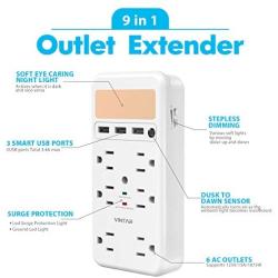 [2-Pack]VINTAR Surge Protector, Multi Plug Outlet Extender with Dusk to Dawn Night Light, USB Wall Charger with 6 Outlets and 3USB Ports, 1728J for Home,School,Office,White，ETL Certified.