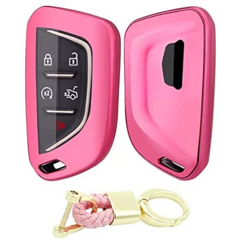 Royalfox(TM) for Cadillac New Blade Shape Key, 5 Buttons Soft TPU Full Protection keyless Remote Smart Key Fob case Cover Keychain for 2020 Cadillac ct5 CT4-V Corvette C8 (Pink)