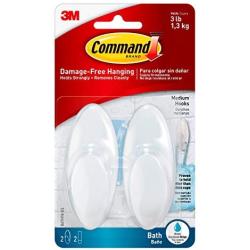 Command Bath Medium Hooks, 3 lb Capacity, 2 Hooks, 2 Strips, BATH18-ES