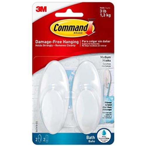 Command Bath Medium Hooks, 3 lb Capacity, 2 Hooks, 2 Strips, BATH18-ES